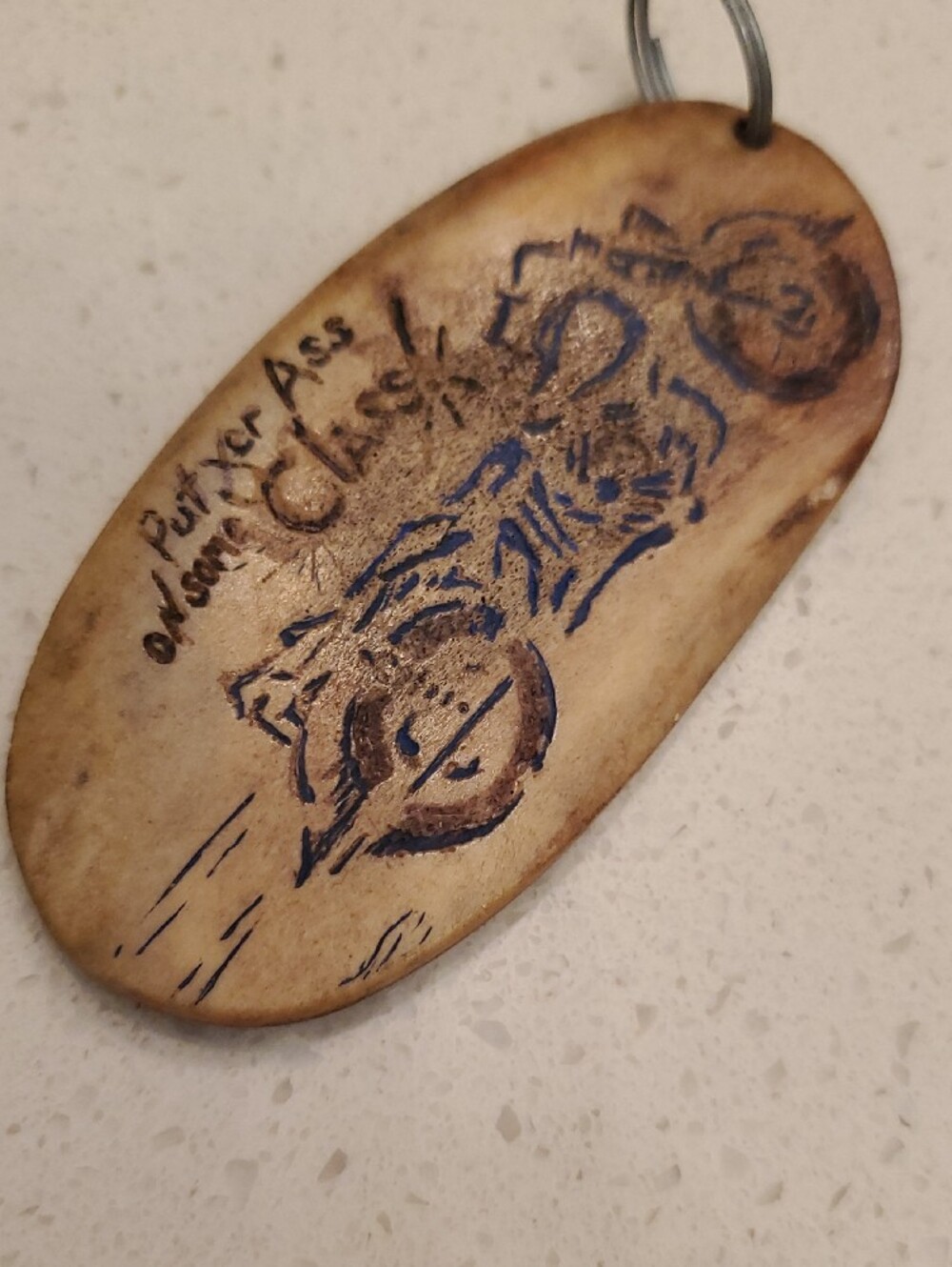 Handmade Carved Keychain with Motorcycle Artwork - Picture 4 of 4
